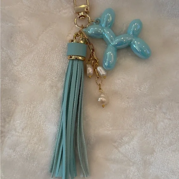 Aqua Balloon Dog Tassel Keychain with Faux Pearls & Gold Hardware –One of A Kind - Picture 1 of 9